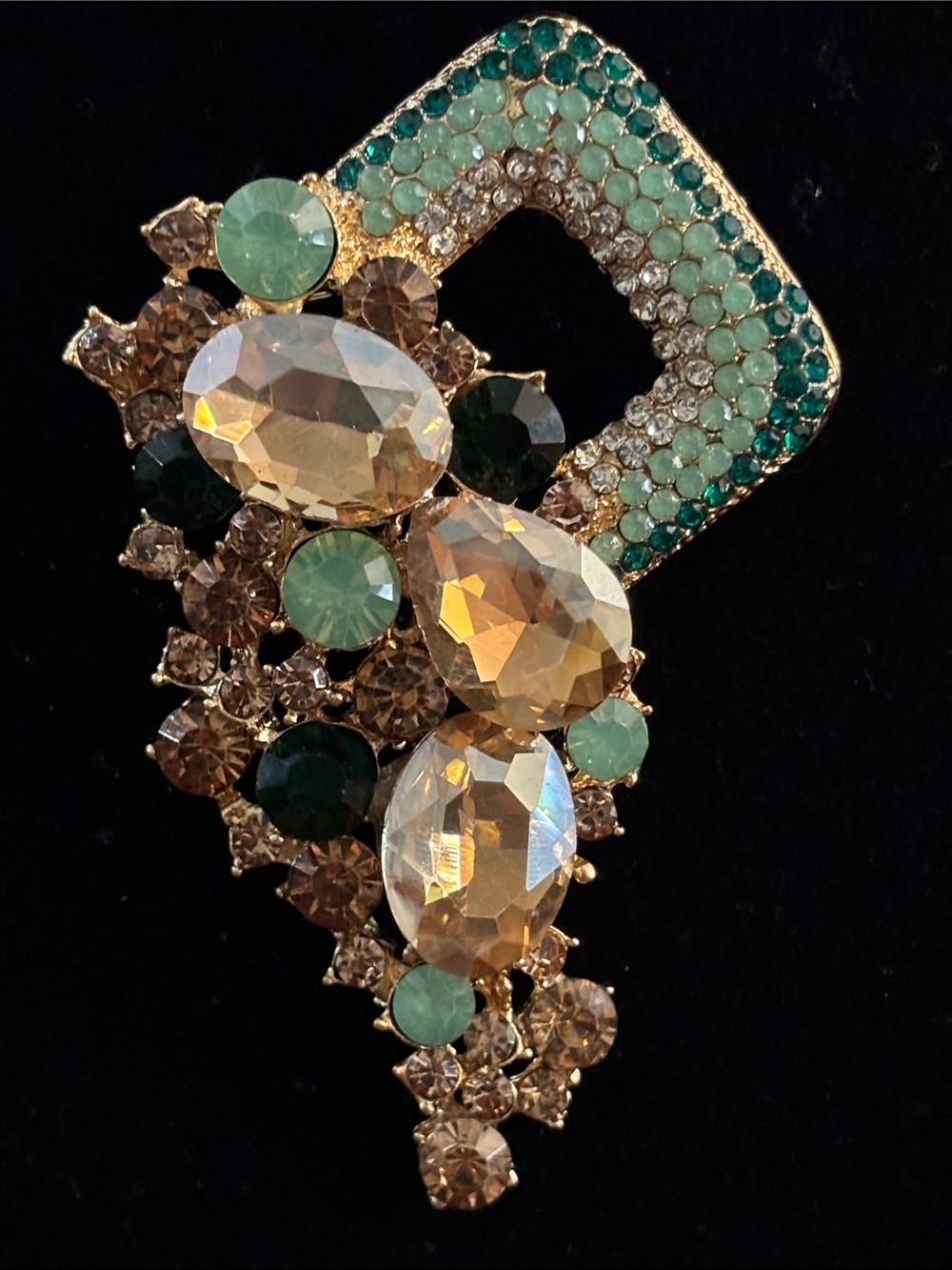 Emerald & Champagne Glass Crystal Statement Brooch